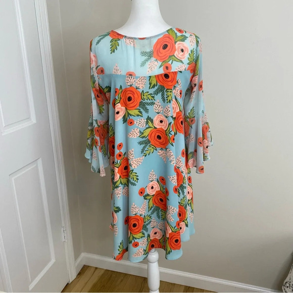 Rifle Paper Paper Crown Anthropologie Floral Blue MIDI Bell sleeve Dress SP - Picture 10 of 16